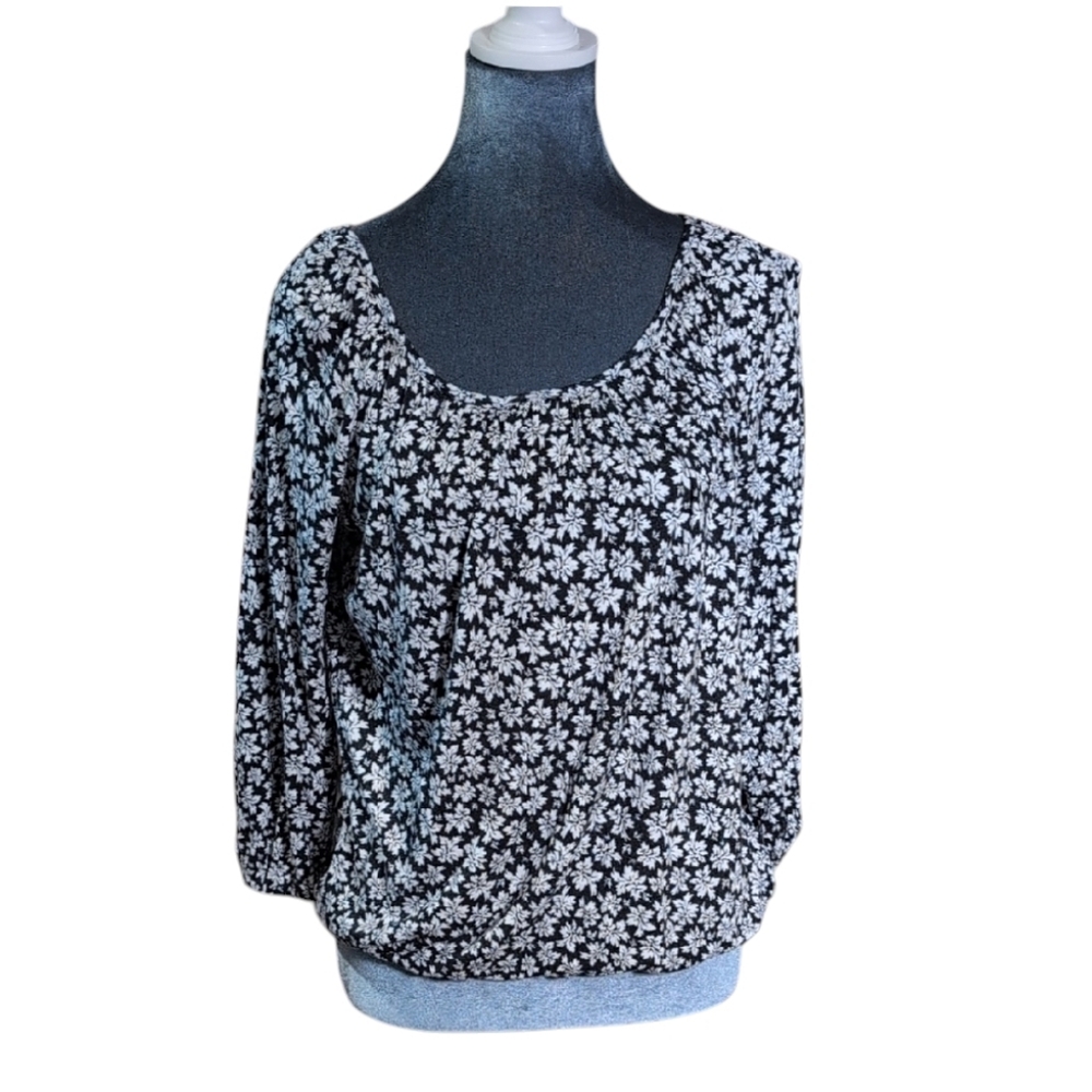 Michael Kors Black & White Leaf Print Blouse 3/4 Sleeve Size Small
